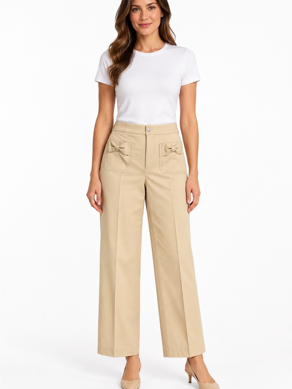 Karl Lagerfeld Beige Wide-Leg High-Rise Pants with Bow Pockets